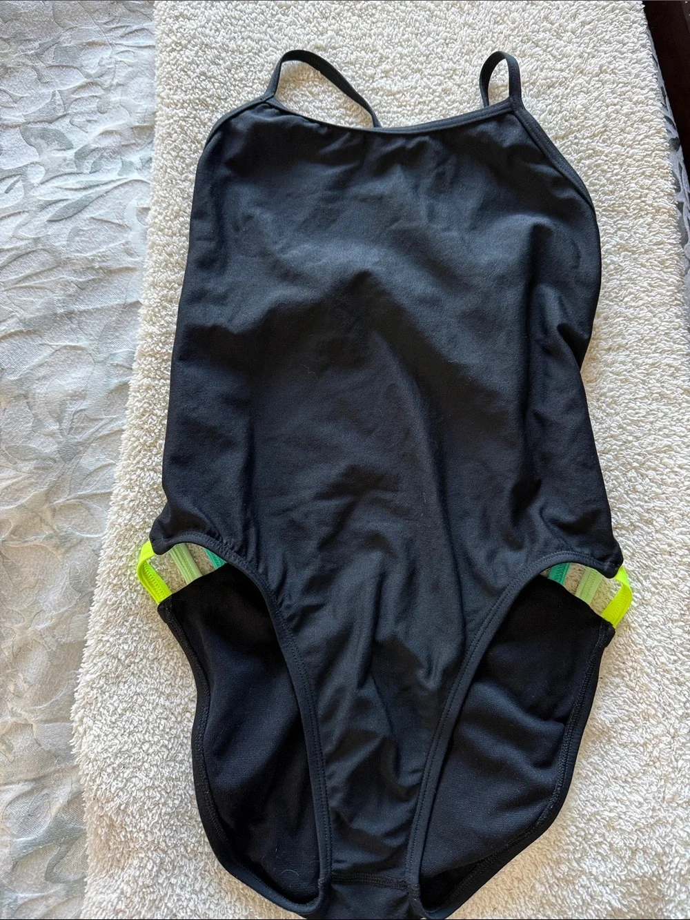 JOLYN Black One-Piece swimsuit with Neon Green & Aqua Stripes